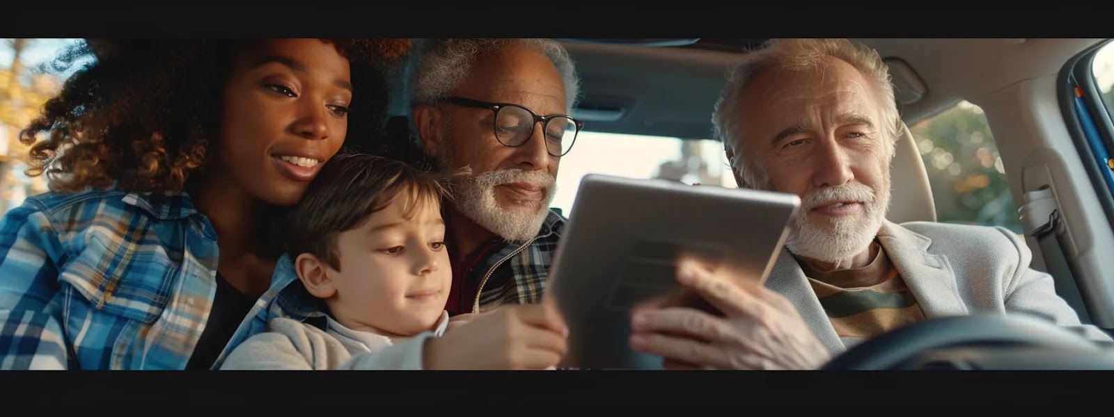 a diverse group of people of different ages, from young teens to senior citizens, comparing car insurance rates on a digital tablet in oklahoma city.