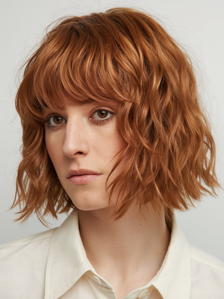 12. Copper Wavy Bob with Bangs