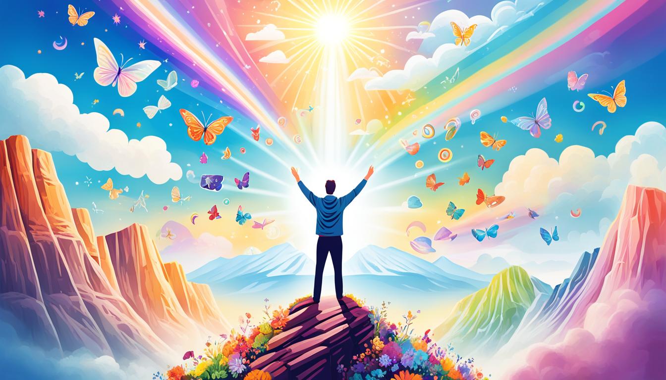 A person standing on a cliff with their arms outstretched, facing the rising sun. Their body is glowing with positive energy and gratitude as they focus on their desired outcome. Above them, an image of their manifestation appears, almost like a dreamy cloud. The person is surrounded by symbols of abundance and positivity such as flowers, butterflies, and a rainbow. The scene emanates a sense of calm and assurance that their manifestation is on its way.