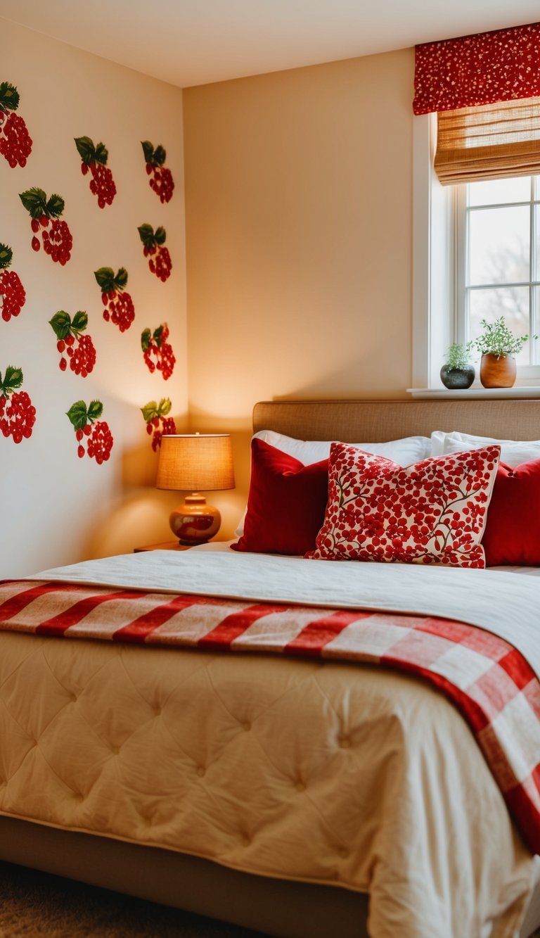 A cozy bedroom with red berry wall decals, warm lighting, and inviting decor