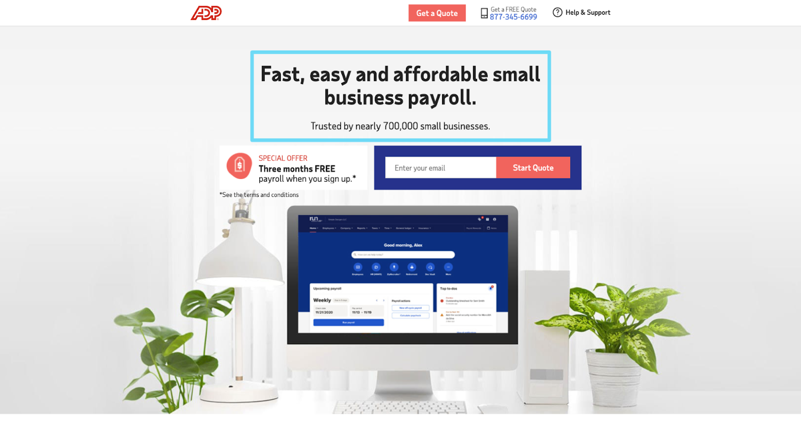 ADP landing page: Fast, easy, and affordable small business payroll.