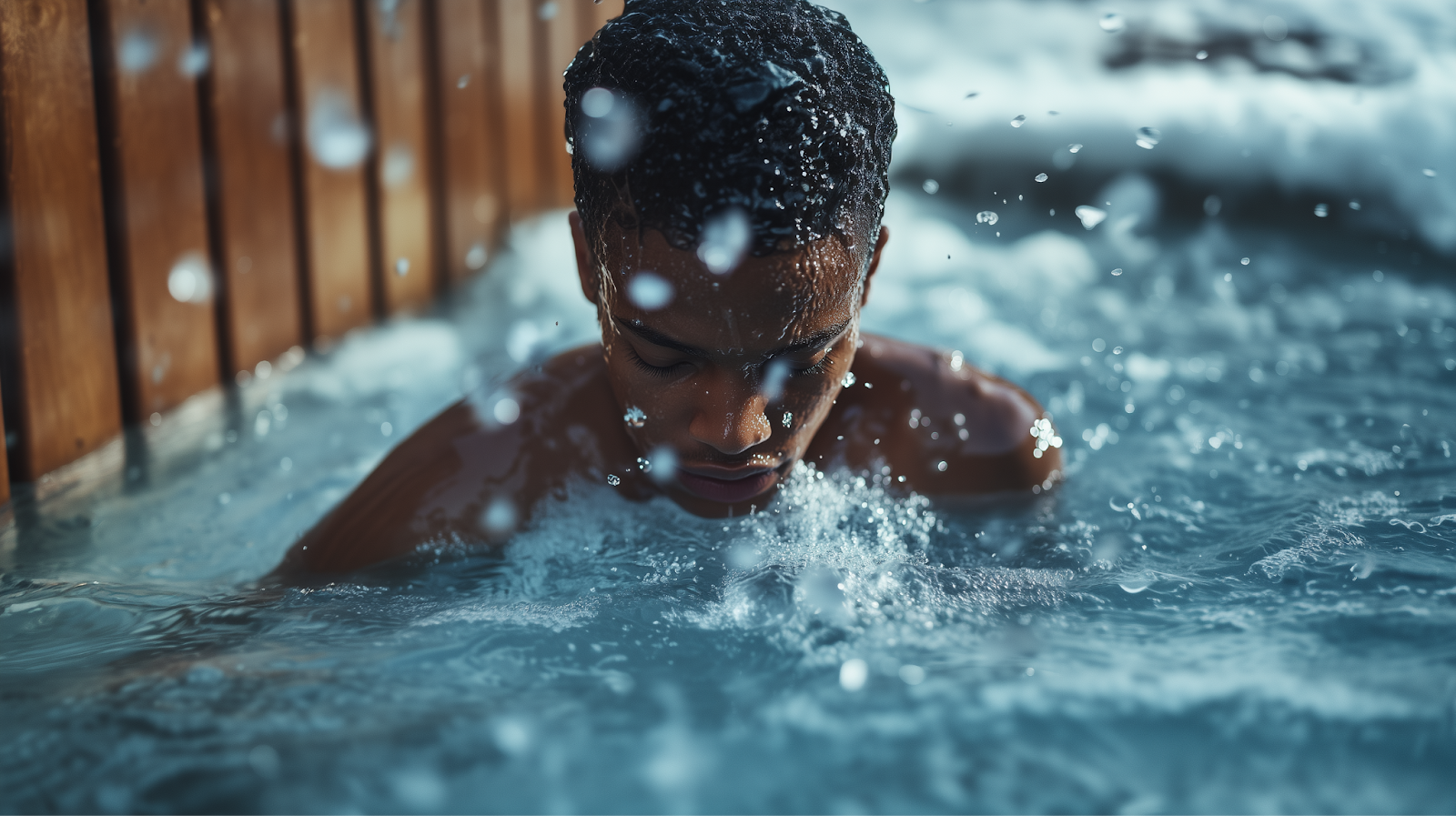 A man taking an ice bath.