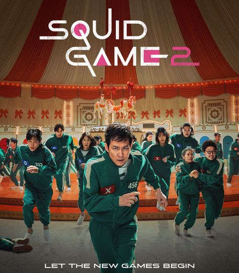 This contain  the movie poster for squid game 2, featuring young people in green outfits running around