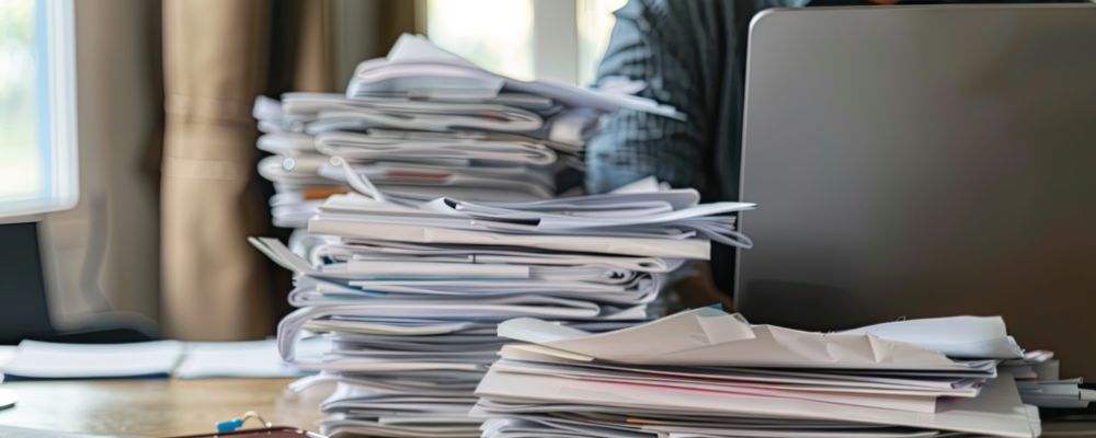 A desk full of paper and documents that needs archive storage