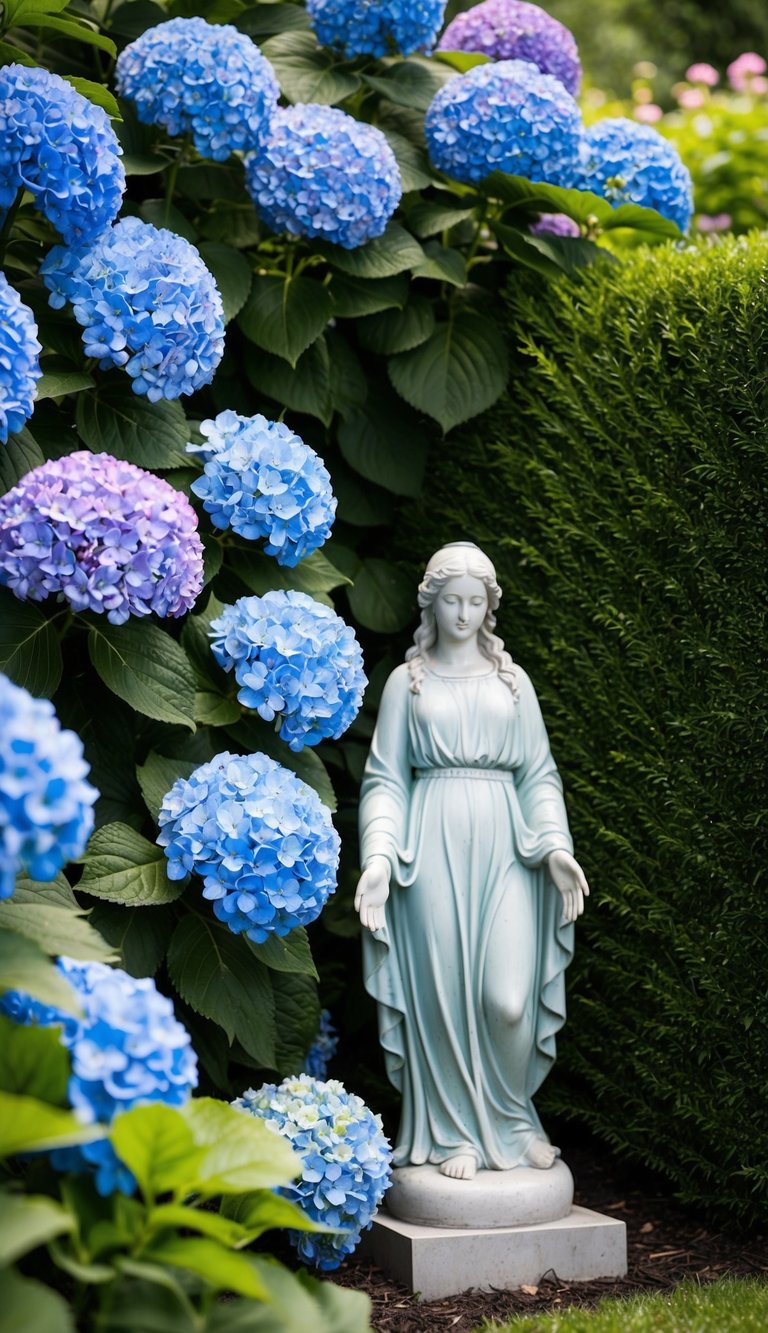 A lush garden corner filled with vibrant blue hydrangeas, surrounding a serene statue of Cornelia Lavia