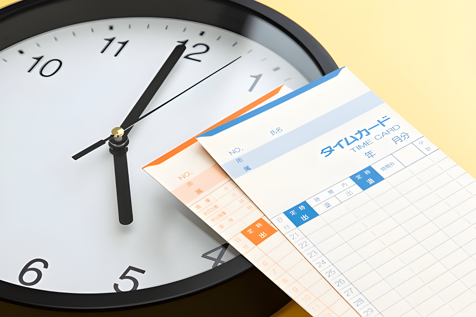 Close-up of a wall clock and time cards, illustrating time management and payroll tracking in the workplace.