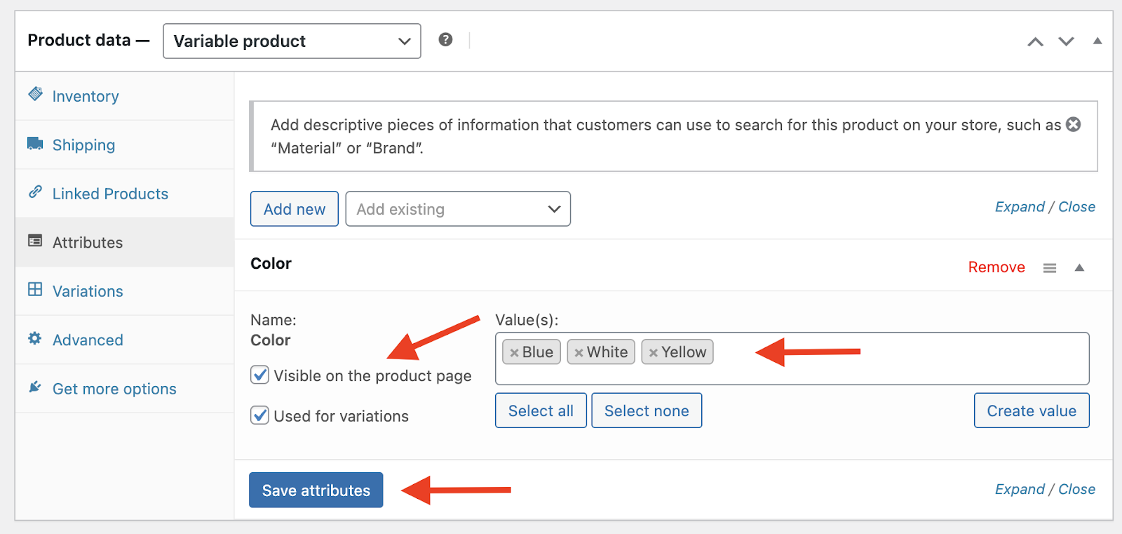 Values, Visible on the Product Page and Save Attributes