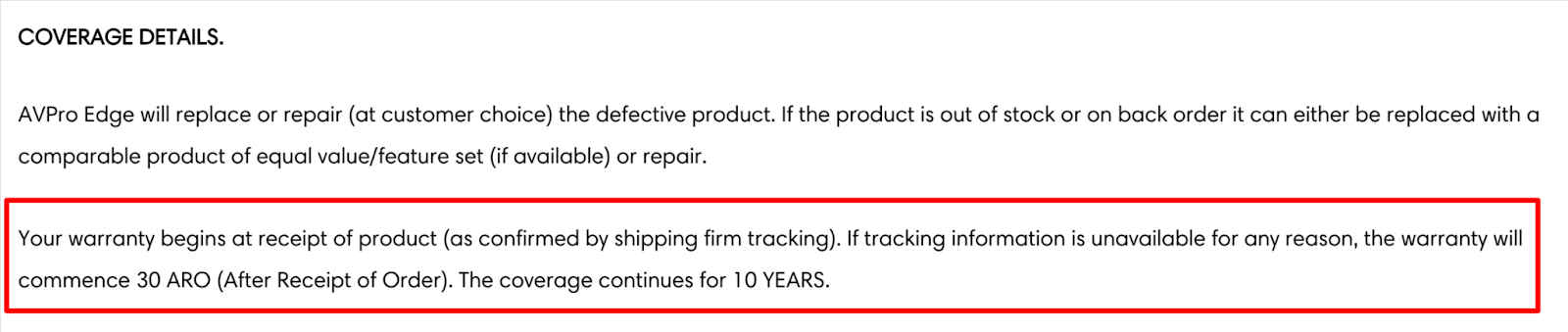 Screenshot of a Warranty example from AVPro.