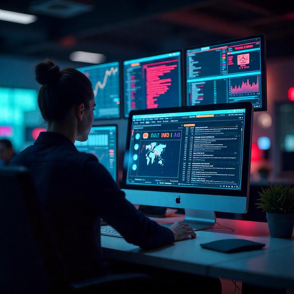 The cybersecurity professional intently monitoring the complex data visualizations and security dashboards exemplifies the "Typical SOC (Security Operations Center) Responsibilities and Tasks", where specialized analysts leverage advanced tools to detect, investigate, and respond to potential cyber threats.