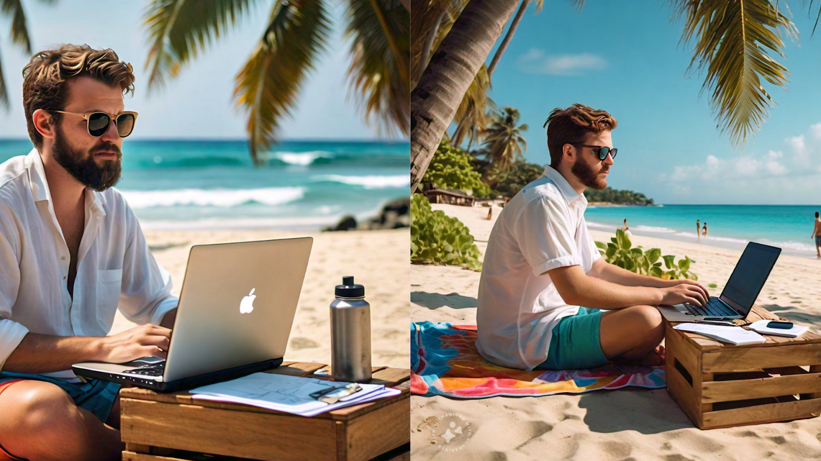 Digital nomad working on a laptop on a tropical beach.