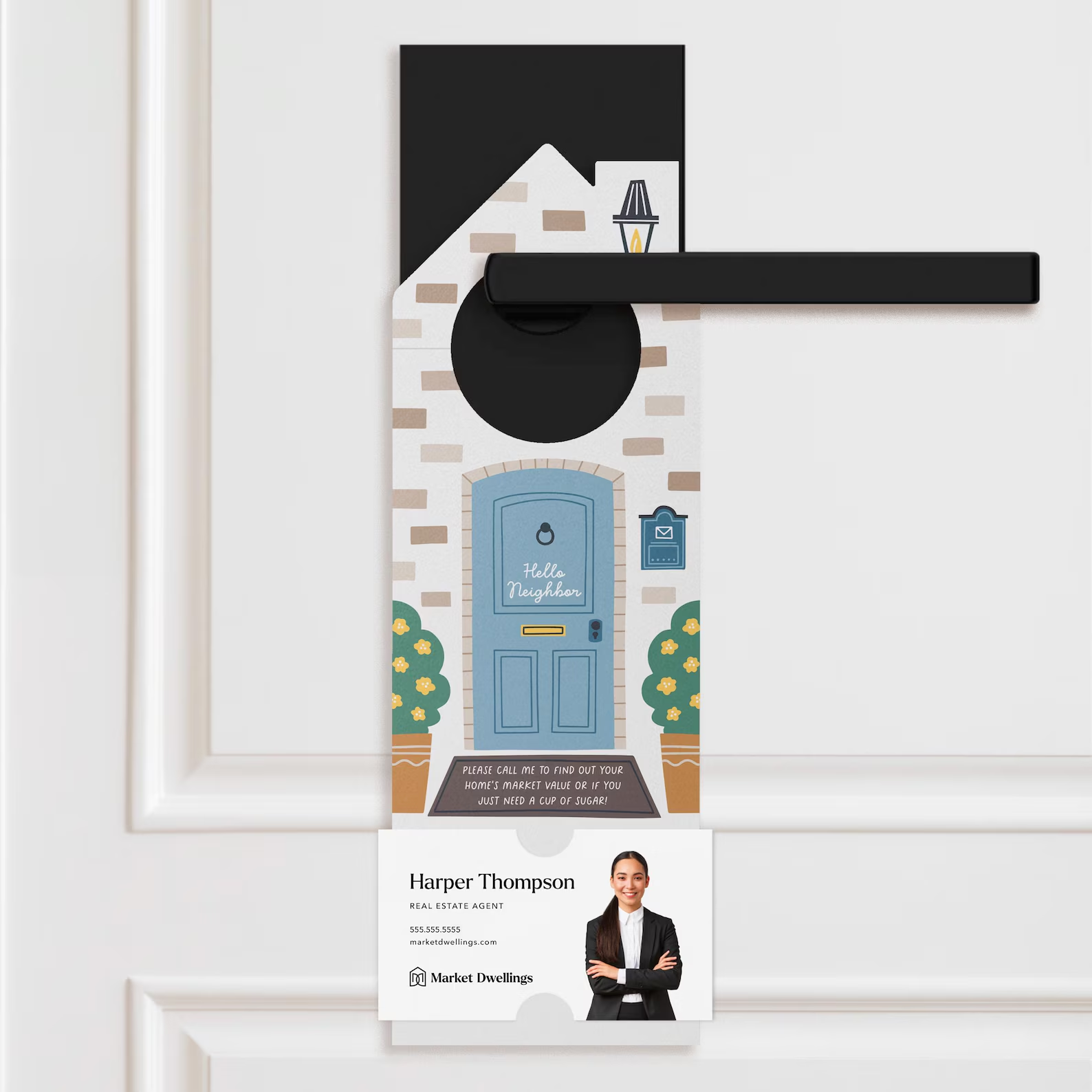 Door hanger marketing example of an illustrated front door and a business card from a realtor