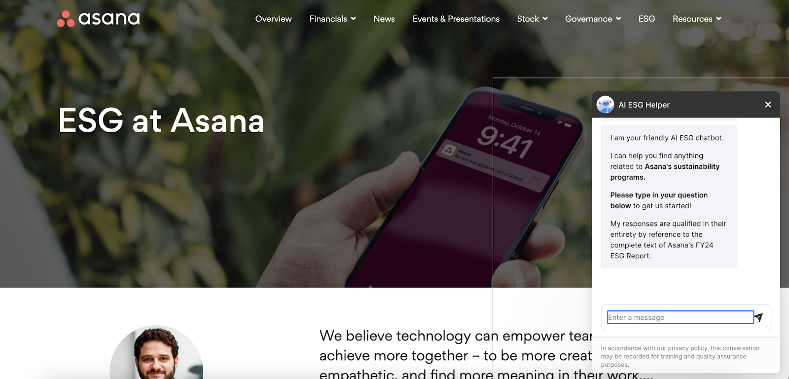 Screenshot of the AI ESG chatbot on Asana's investor relations ESG page