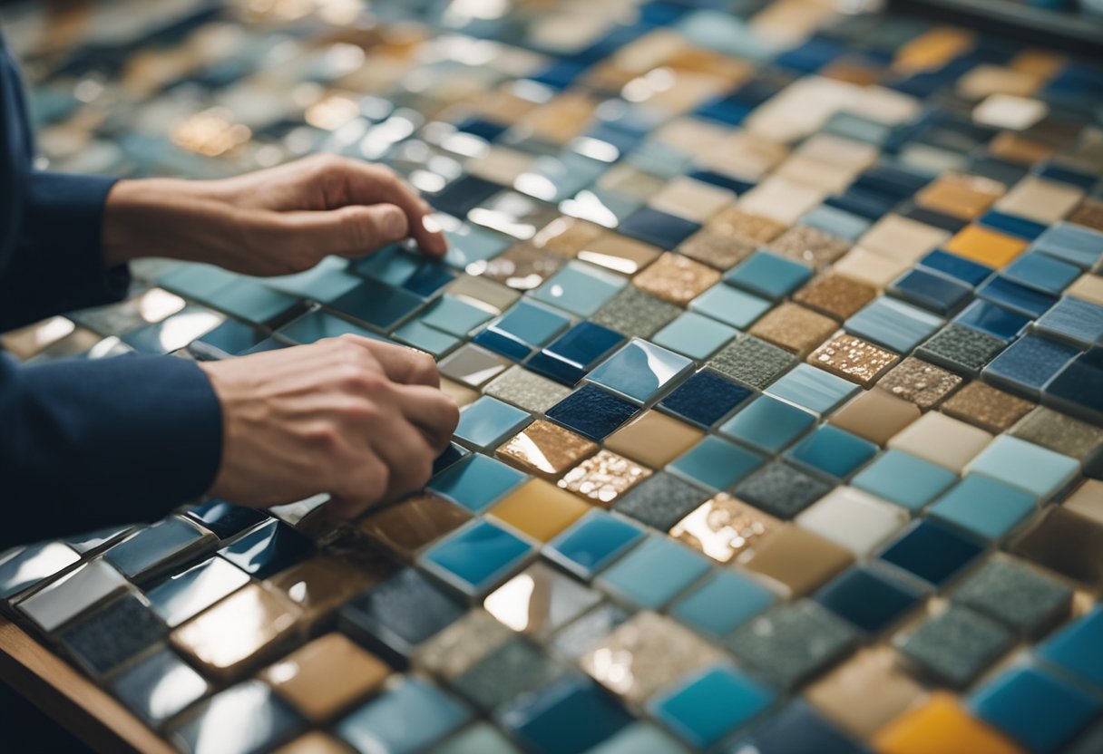 A person carefully examines various tile samples, considering color, texture, and pattern for a modern front wall design