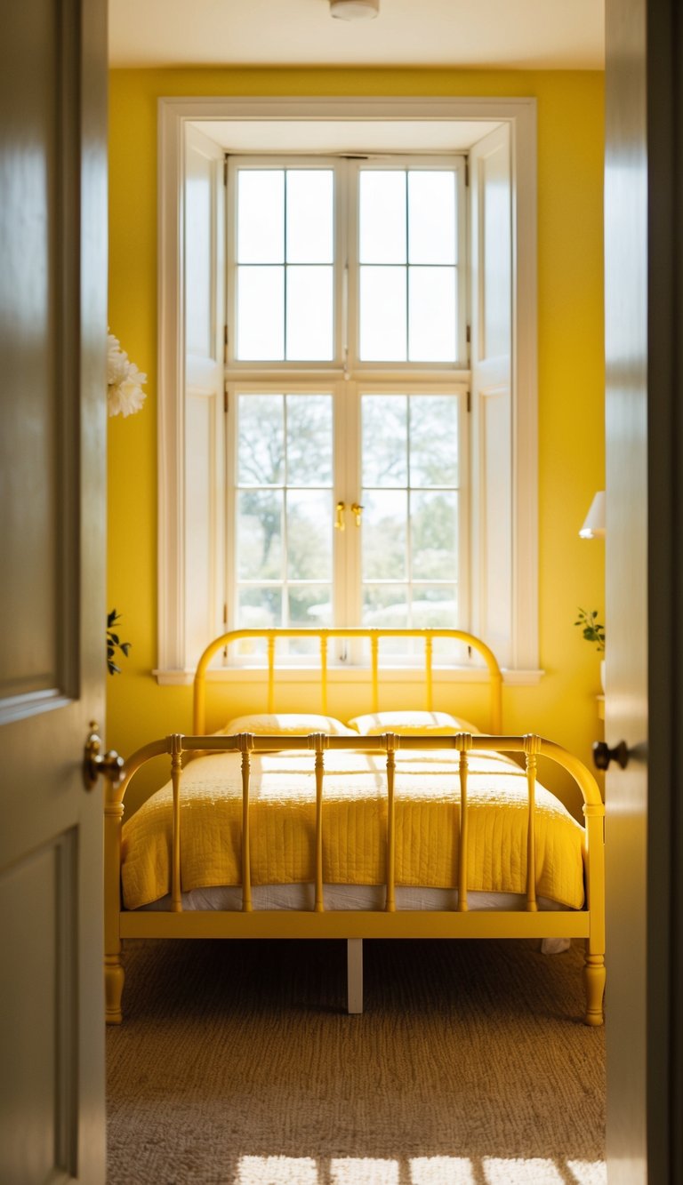 A cozy yellow bedroom with a marigold bed frame as the focal point. Sunlight streams in through the window, casting a warm glow over the room