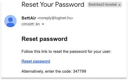 BettAir: Jelszó helyreállító email