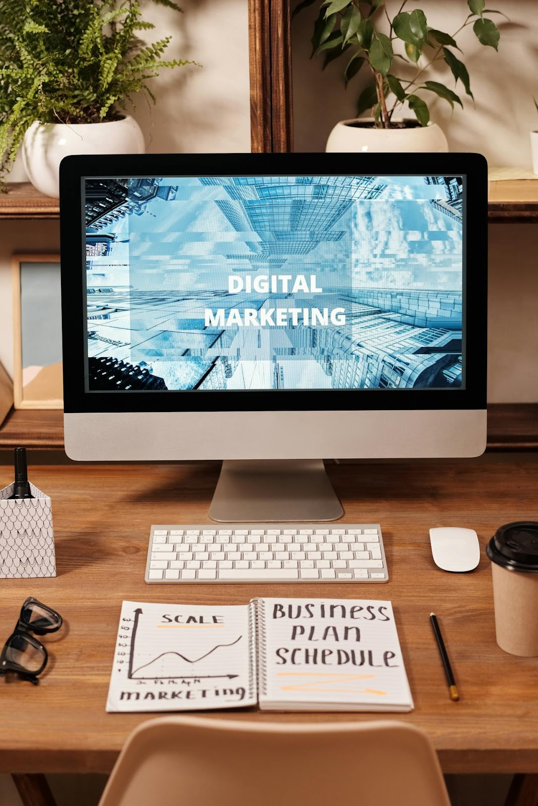 A computer screen showing the word "Digital Marketing"