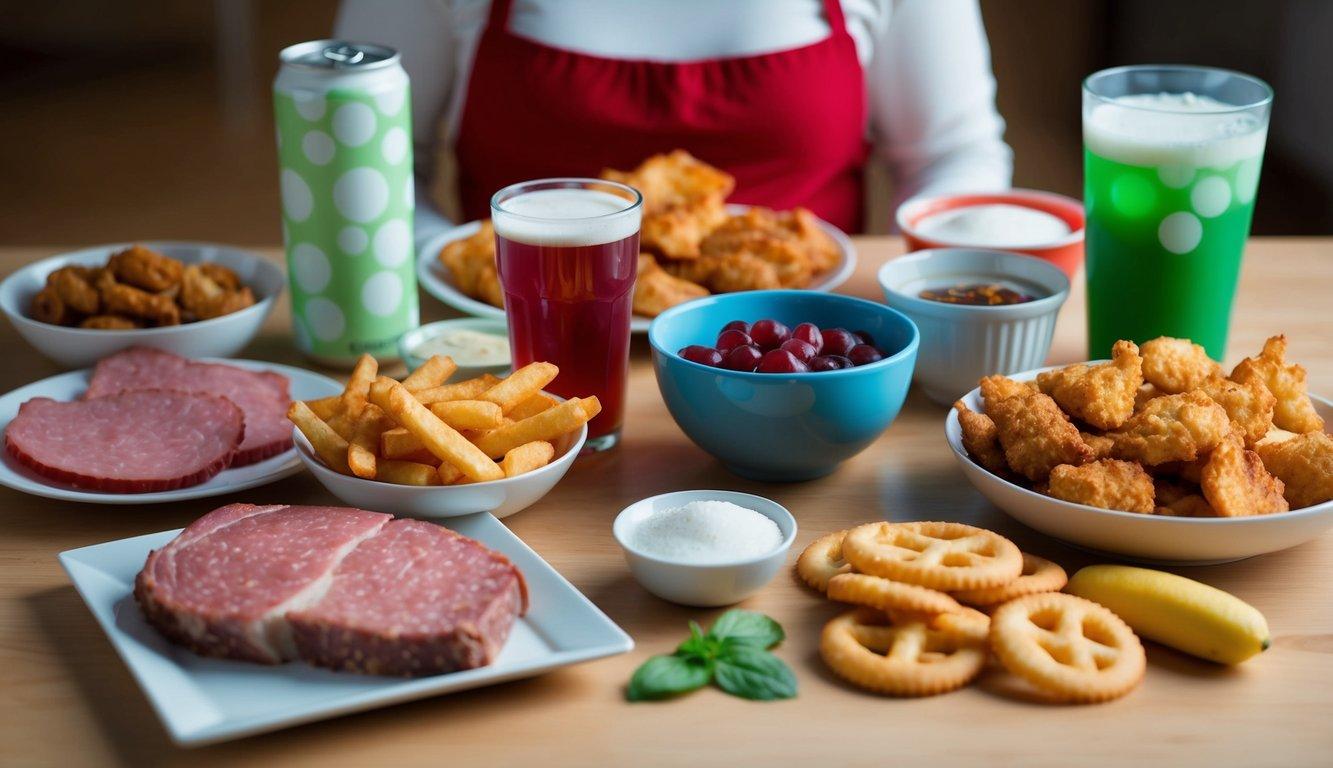 A table with unhealthy food items: processed meats, sugary drinks, fried foods, and high-sodium snacks