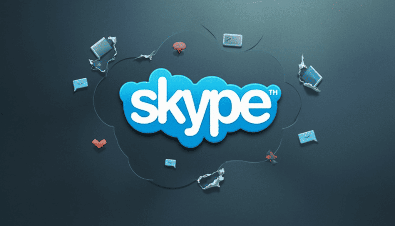 Blue Skype logo surrounded by various communication icons, set against a dark background, symbolizing global connectivity.