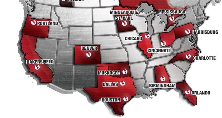 A map of the united states with locations for Supreme Safety