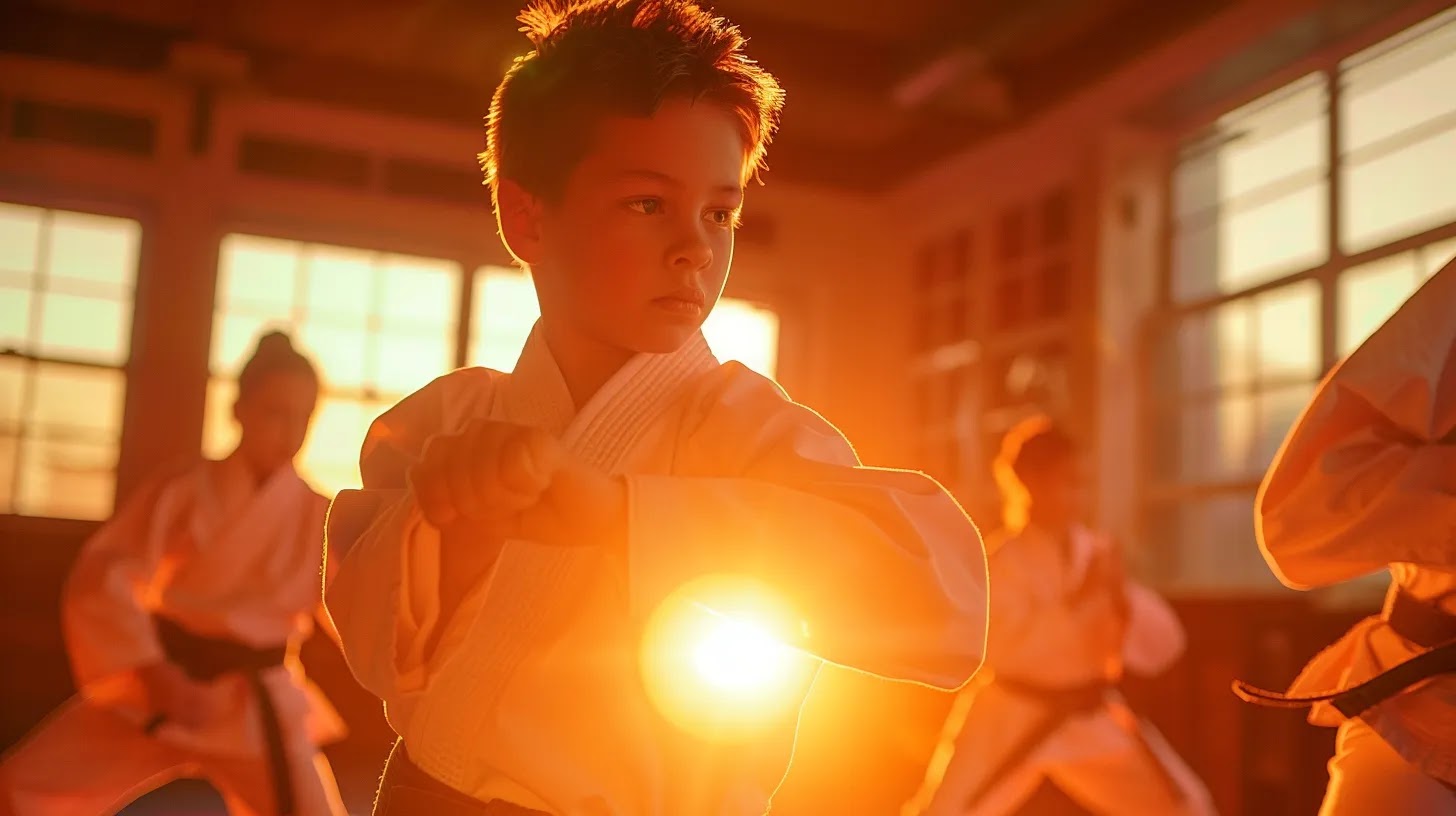 a vibrant dojo scene captures the determination of young karate practitioners mastering their skills, radiating confidence and resilience under soft, warm lighting that highlights their focused expressions and dynamic movements.