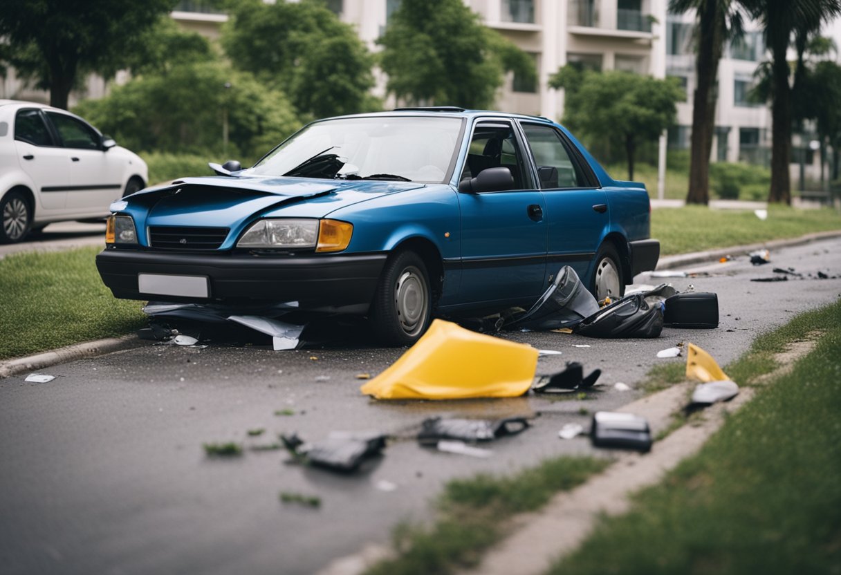 A car accident scene with a damaged vehicle, skid marks, and scattered personal belongings on the ground