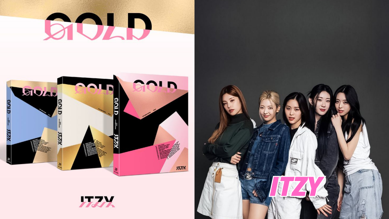 This contains an image of ITZY Gold album and ITZY group members