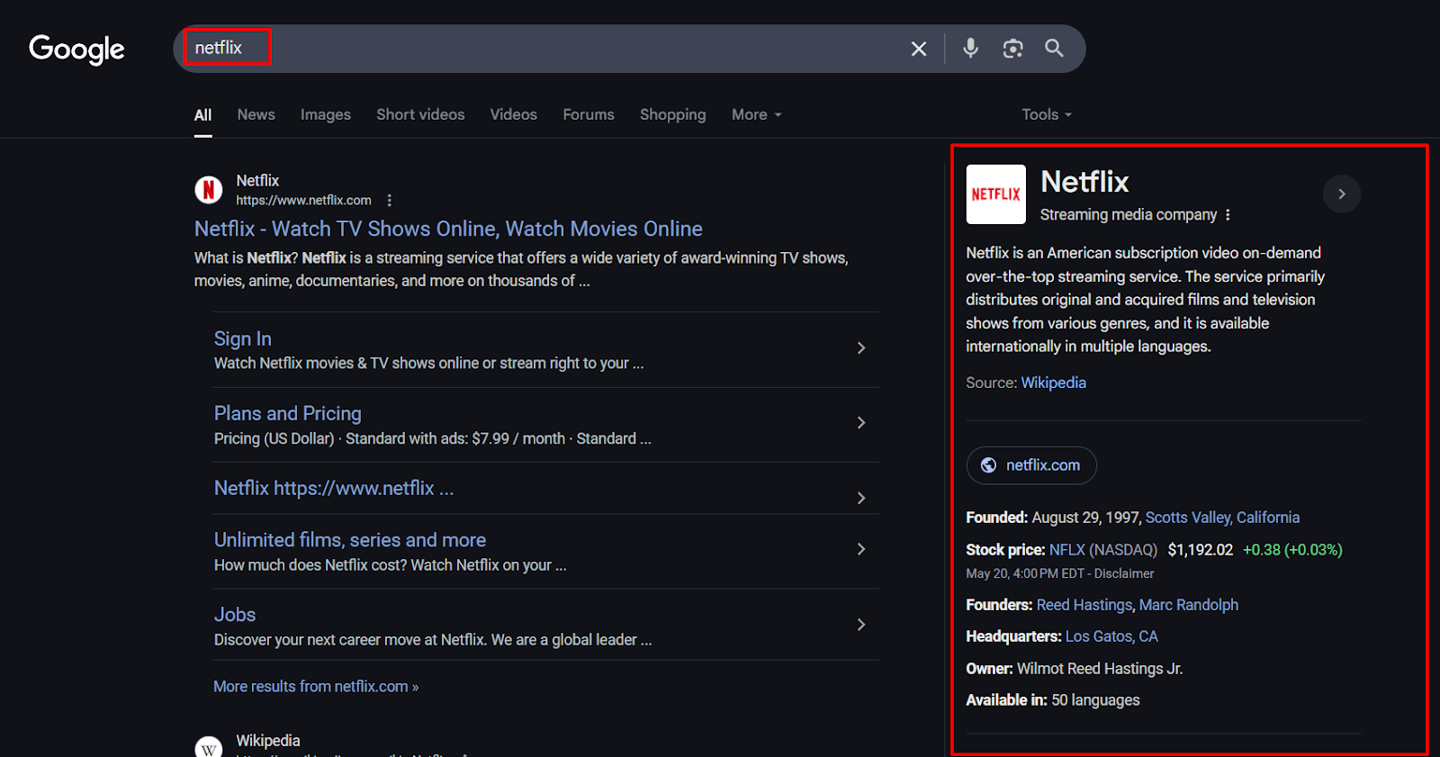Specific site links and Knowledge Panels appear for navigational intent keywords