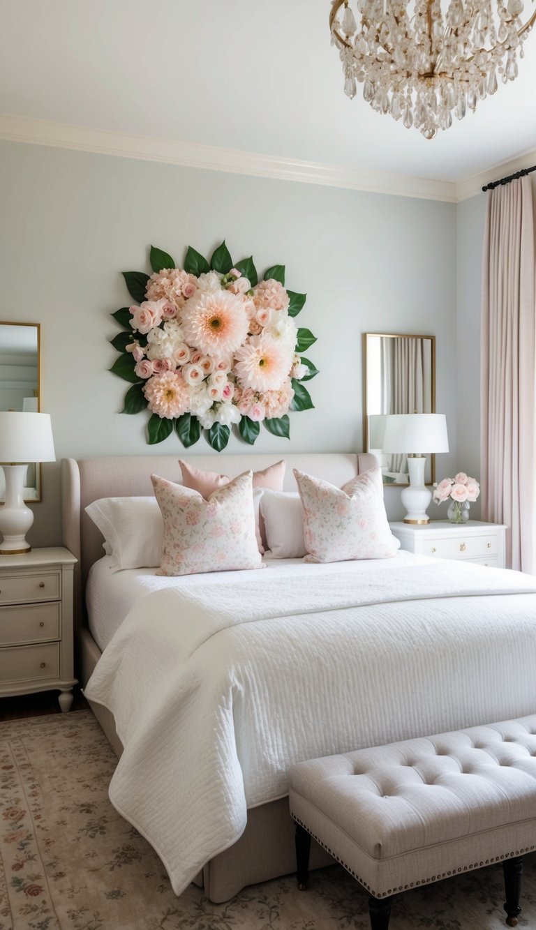 A serene master bedroom with a large floral wall art piece, adding a romantic and elegant touch to the decor