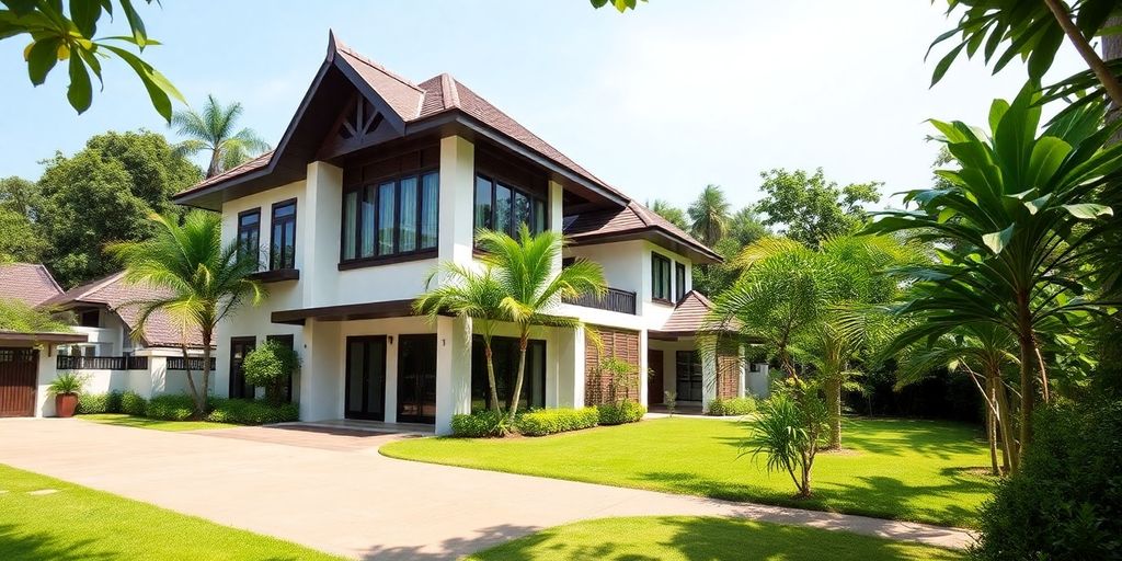 Modern Thai property amidst lush greenery and clear sky.