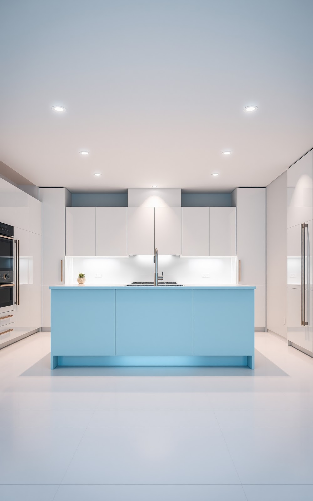 Recessed lights over modern kitchen island