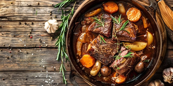 A hearty pot roast with tender chunks of meat, carrots, potatoes, and onions, garnished with fresh rosemary, served in a rustic bowl on a wooden table