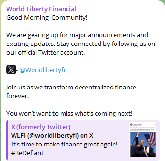 World Liberty Financial官方发布的内容