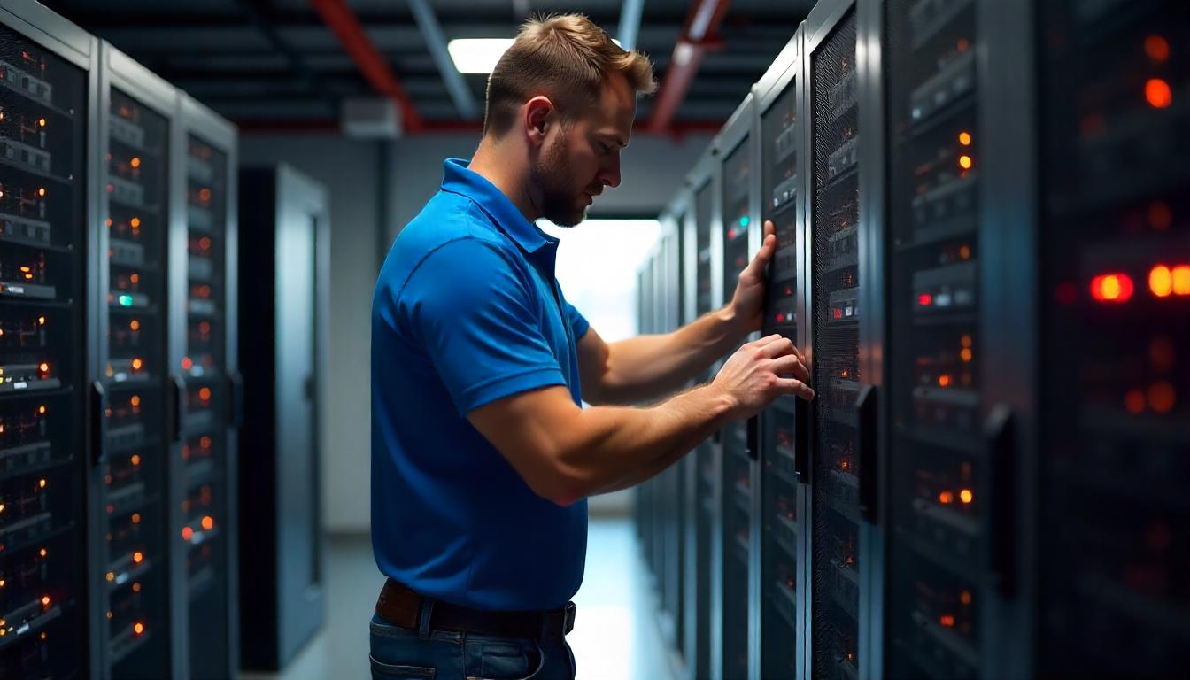 This image illustrates the hands-on "Role of MSSP in Security", with a technician meticulously maintaining and monitoring the critical infrastructure that powers secure digital systems.