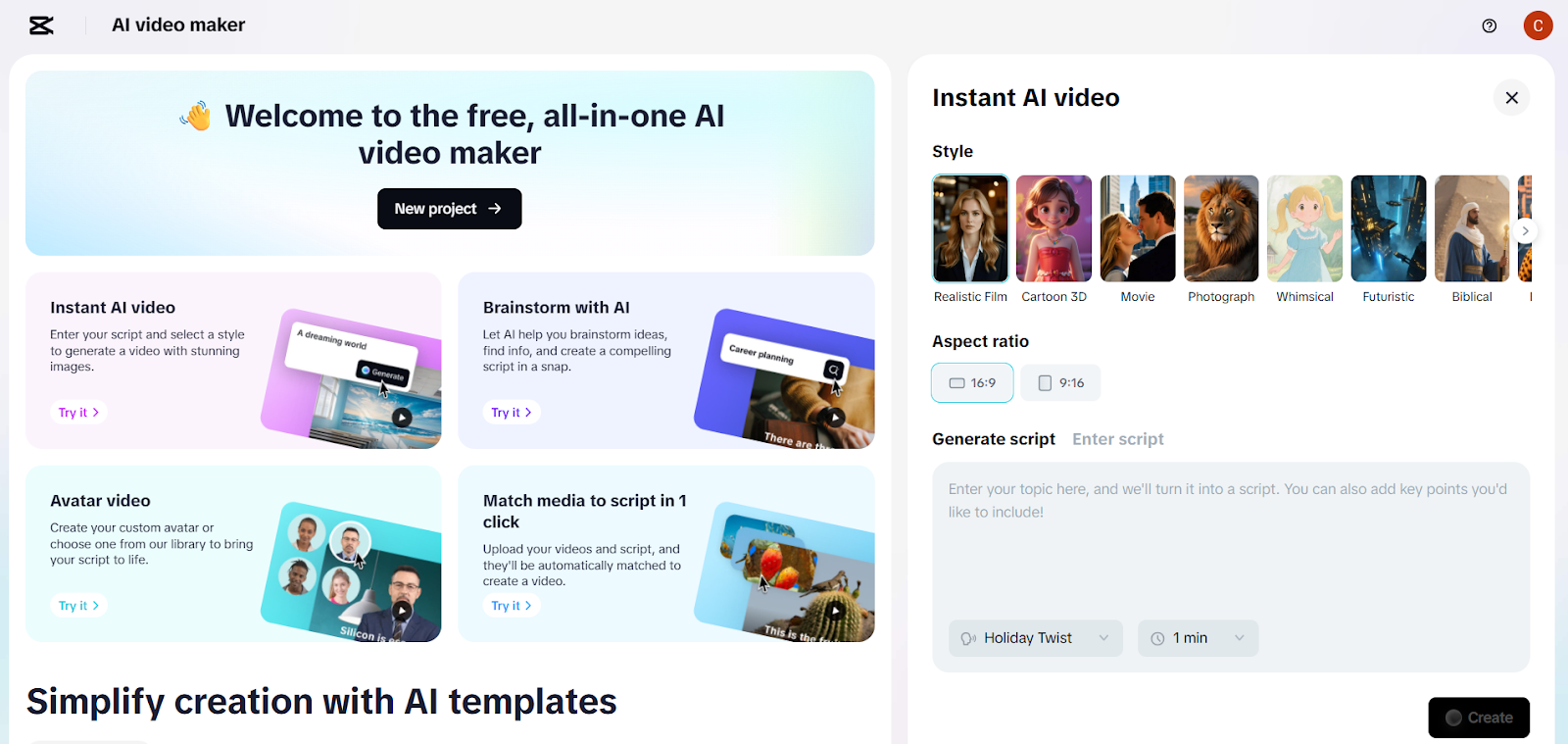 CapCut AI video maker interface showing script input, style options, and video aspect ratios.