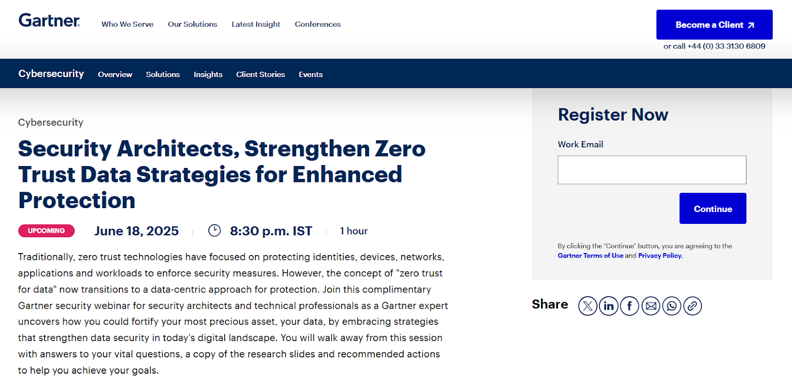Image showing Gartner’s webinar landing page with a clear title and  email registration form.