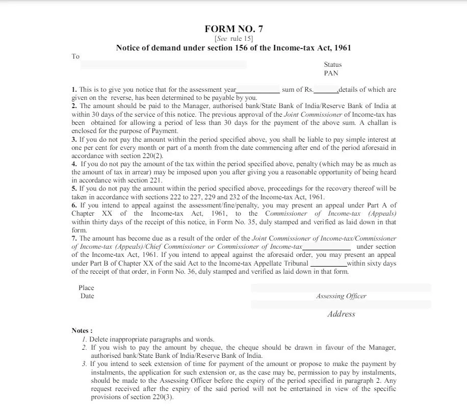 Form No. 7 notice issued under Section 156 of the Income-tax Act, 1961 by the Income Tax Department, detailing a tax demand for a specific assessment year. Includes instructions for payment within 30 days, applicable penalties for non-payment, and appeal procedures under Chapter XX of the Act.