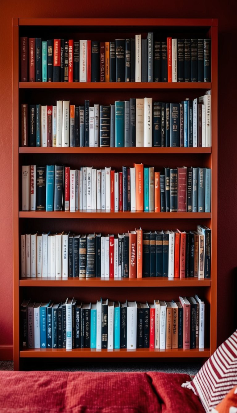 A rust-colored bookshelf filled with books on red bedroom ideas