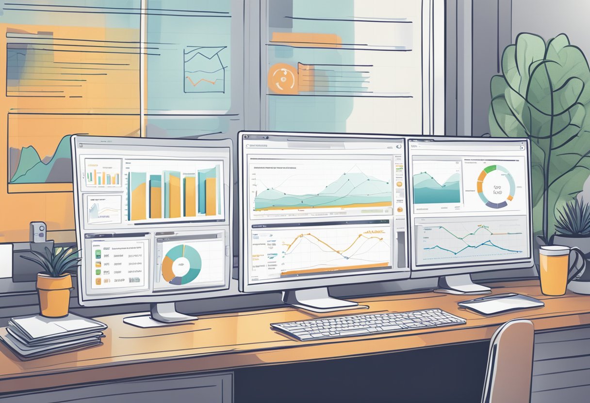 A computer screen displaying customizable SEO dashboards with various data visualizations and charts