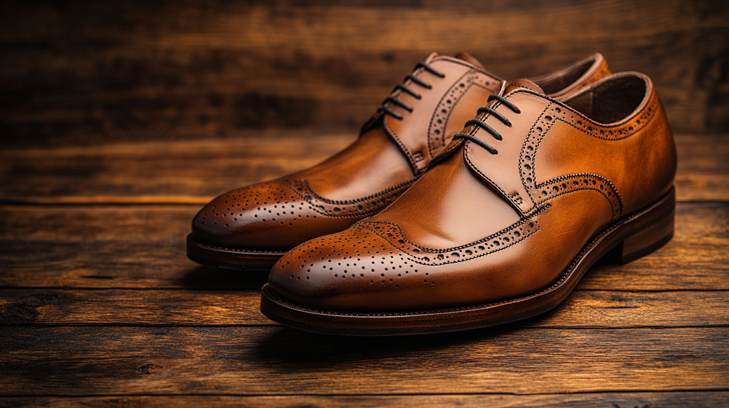 Black or brown leather shoes, like Oxfords or loafers, neatly placed on a wooden surface. The shoes are clean, shiny, and polished, showcasing their sleek design. Soft lighting highlights the smooth leather, making them an elegant finishing touch to the outfit.