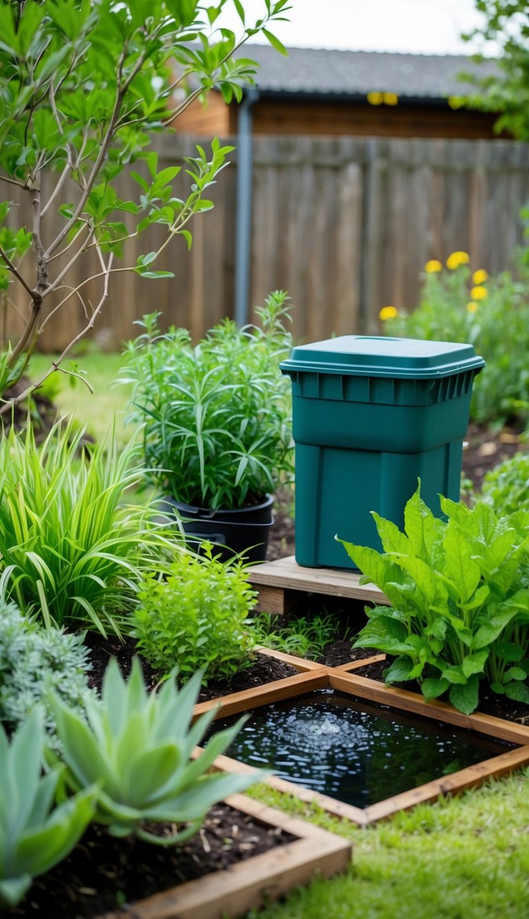 A small garden with native plants and a rainwater collection system. A compost bin and a small wooden shed are nestled among the greenery