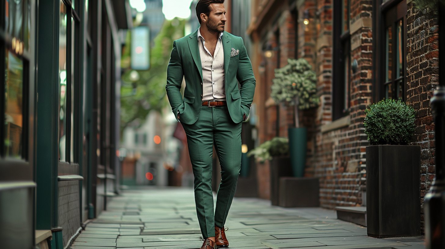 Stylish man wearing a green suit in an outdoor setting, well-fitted, paired with a white or light-blue dress shirt, brown leather shoes, confident pose, natural lighting, spring or summer vibe, elegant yet bold look, editorial fashion style