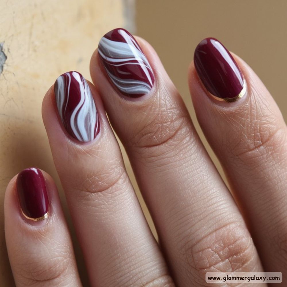 Korean fall nails having Burgundy Meets Marble
