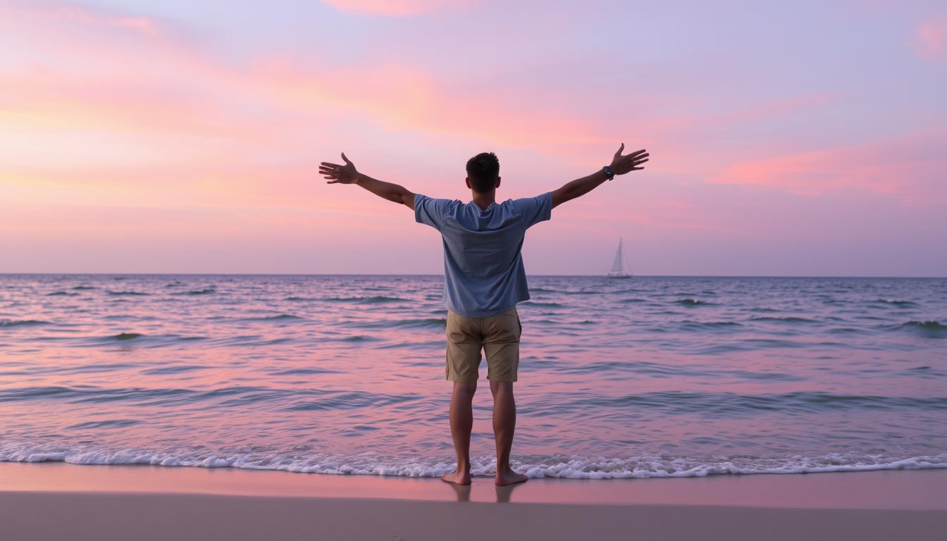 A person standing on a beach, facing the horizon with arms outstretched, as if reaching towards something specific. The sky is filled with soft pink and purple hues, as if at sunrise or sunset. The water is calm and serene, with gentle waves lapping at the shore. In the distance, a small sailboat can be seen, symbolizing the manifestation of the specific person coming closer.