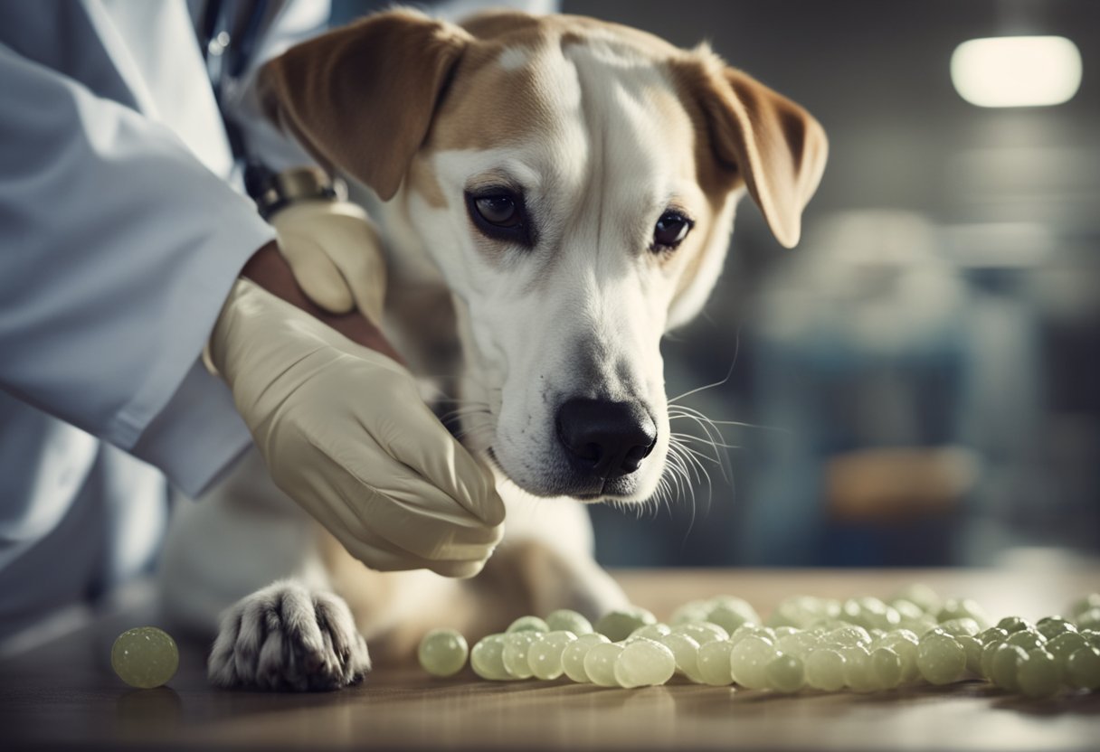 A veterinarian administering intestinal parasite treatment to a dog