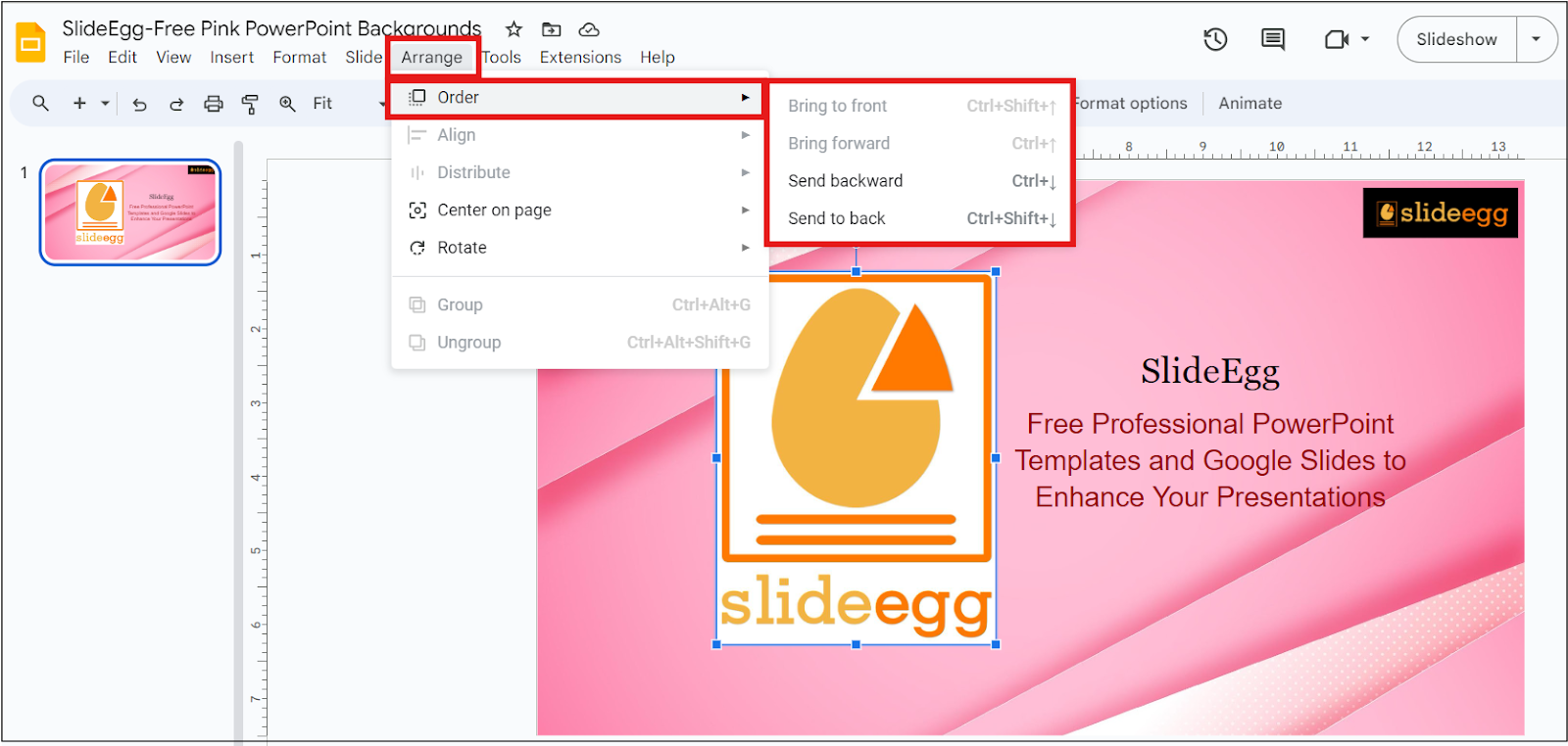 Arrange layers option in Google Slides using Arrange" > "Order"