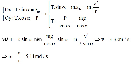 BÀI 32 LỰC HƯỚNG TÂM VÀ GIA TỐC HƯỚNG TÂMI. Lực hướng tâmDùng một sợi dây nhẹ không dãn buộc vào một cái tẩy. Quay dây sao cho cái tẩy chuyển động tròn trong mặt phẳng nằm ngang có tâm là đầu dây mà tay giữ (Hình 32.1).Câu 1: Lực nào sau đây làm cái tẩy chuyển động tròn?Trọng lực tác dụng lên cái tẩy.Lực cản của không khí.Lực căng dây hướng vào tâm quỹ đạo của cái tẩy.Giải nhanh: Lực căng dây hướng vào tâm quỹ đạo của cái tẩy.Câu 2: Nếu cái tẩy đang chuyển động mà ta buông tay ra thì:Cái tẩy tiếp tục chuyển động tròn.Cái tẩy sẽ rơi xuống đất theo phương thẳng đứng.Cái tẩy văng ra theo phương tiếp tuyến với quỹ đạo theo hướng vận tốc tại điểm đó.Giải nhanh: Cái tẩy văng ra theo phương tiếp tuyến với quỹ đạo theo hướng vận tốc tại điểm đó.Câu 3: Lực nào duy trì chuyển động tròn của Trái Đất xung quanh Mặt Trời?Giải nhanh: Lực hấp dẫn của Mặt Trời lên Trái Đất. Lực này có phương hướng vào tâm còn gọi là lực hướng tâmCâu 4: Tìm ví dụ về lực hướng tâmGiải nhanh: Các phương tiện giao thông phải giảm tốc khi vào các cung đường trònChiếc máy bay đang lượn vòng. Để chuyển hướng, người phi công làm nghiêng cánh máy bay.II. Gia tốc hướng tâm Câu 1: Tính gia tốc hướng tâm của một vệ tinh nhân tạo chuyển động tròn đều quanh trái đất với bán kính quỹ đạo là 7 000km và tốc độ 7,57km/sGiải nhanh: Đổi 7000 km = 7.106m; 7,57 km/s = 7570 m/sGia tốc hướng tâm là: 75702/7.106 = 8,19 (m/s2) Câu 2: Tính gia tốc hướng tâm của Mặt Trăng trong chuyển động quay quanh Trái đất ( coi Mặt Trăng chuyển động tròn đều quanh Trái đất ). Biết khoảng cách từ Mặt Trăng đến tâm Trái đất là 3,84x 108m và chu kỳ quay là 27,2 ngày.Giải nhanh: Đổi 27,2 ngày = 2 350 080 sGia tốc hướng tâm của Mặt Trăng là: =2,74. 10−3Câu 3: Kim phút của mộtc hiếc đồng hồ dai 8cm. Tính gia tốc hướng tâm của đầu kimGiải nhanh: Chu kỳ của kim hút là 3 600s.8cm = 0,08mVậy gia tốc hướng tâm của nó là : III. Công thức độ lớn lực hướng tâmCâu 1: Vẽ hợp lực của lực căng dây  và trọng lực , từ đó xác định lực hướng tâm trong Hình 32.4.Giải nhanh: Lực hướng tâm trong trường hợp này chính là hợp lực  có độ lớn F = T.sinαCâu 2: Trong trường hợp ở hình 32.4, dây dài 0.75ma. Bạn A nói rằng tốc độ quay càng lớn thì góc lệch của dây so với hương thẳng đứng cũng càng lớn. Hãy chứng minh điều đó.b. Tính tần số quay để dây lệch góc 60∘ so với hướng thẳng đứng. lấy g= 9,8m/s2Giải nhanh: a) Gọi chiều dài dây là ℓTốc độ quay v = ω.r màR=1.sin và  ω=tKhi tốc độ v càng lớn thì r càng lớn nên góc α cũng càng lớn.b) Chọn hệ trục tọa độ như hình vẽ:Chiếu biểu thức định luật 2 Niuton xuống các hệ trục tọa độ tương ứng:BÀI 32 LỰC HƯỚNG TÂM VÀ GIA TỐC HƯỚNG TÂM