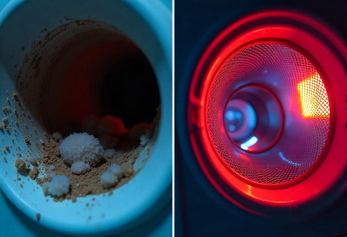 Close-up comparison of a dryer vent before and after cleaning, showing accumulated lint and a clear passage.