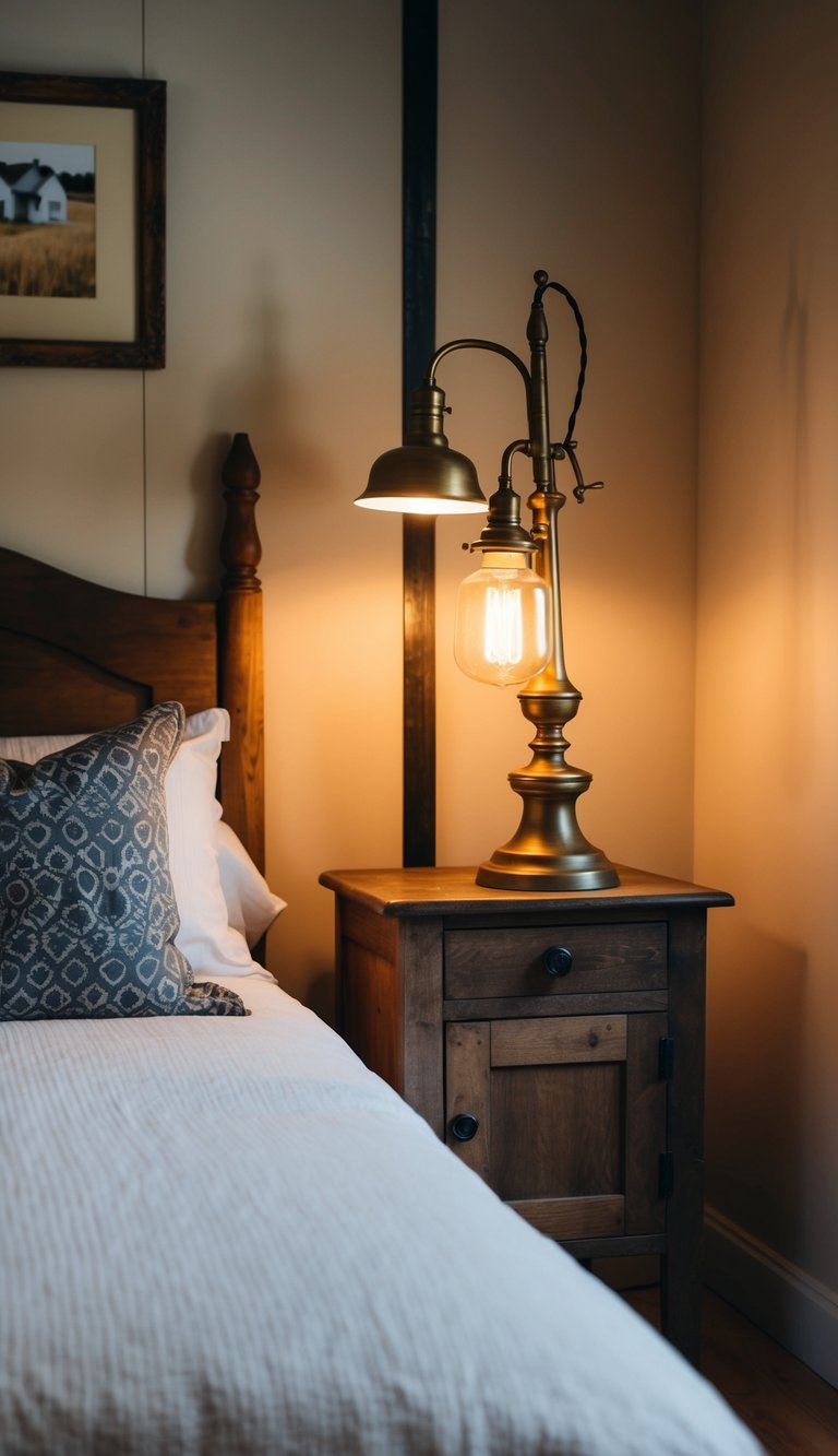 A cozy country farmhouse bedroom with antique brass lamps casting a warm glow on a rustic wooden nightstand