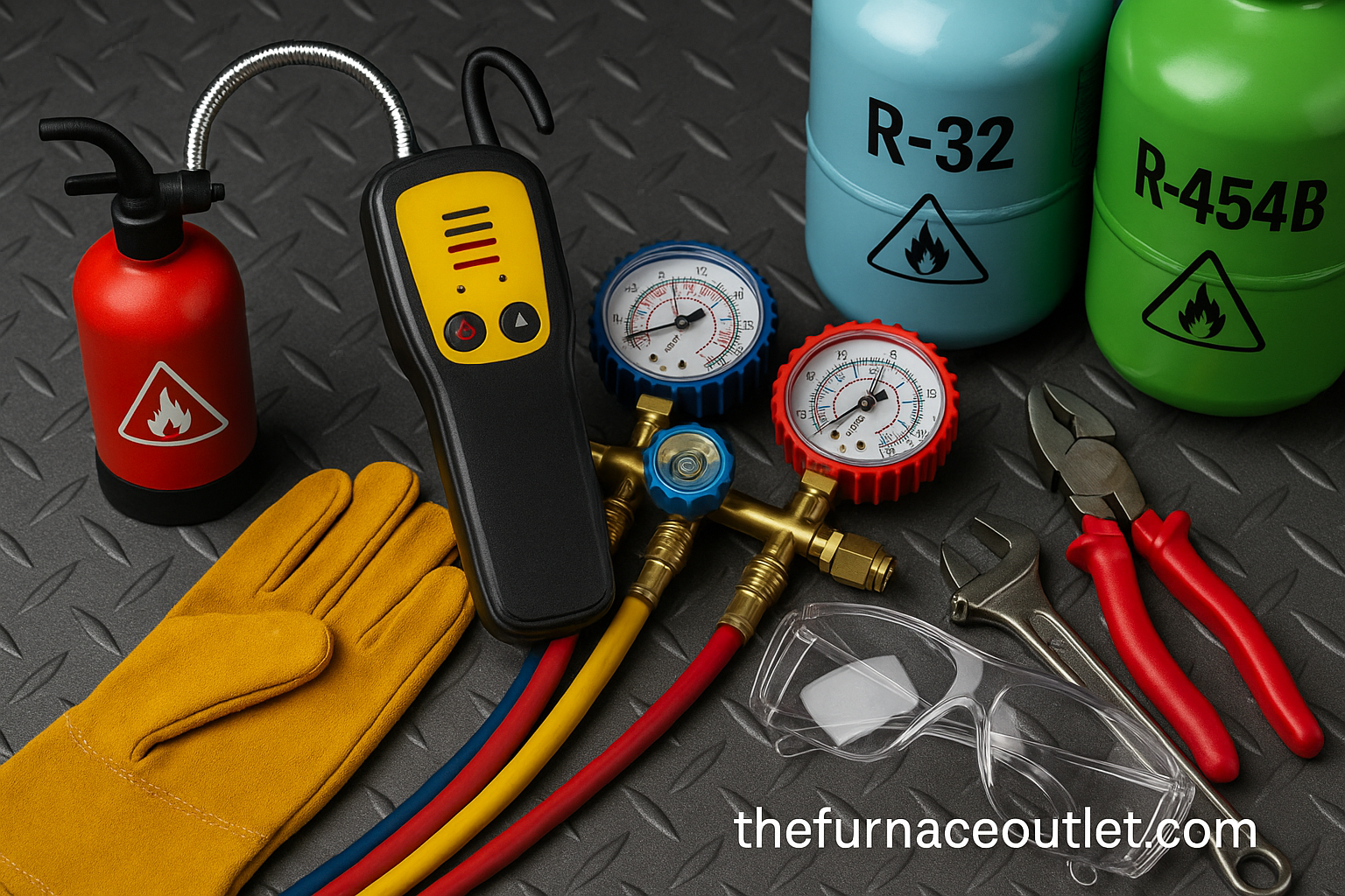 A high-resolution digital photograph displays HVAC leak detection gear including a yellow electronic leak detector, red fire extinguisher, R-32 and R-454B refrigerant cylinders, manifold gauges, protective gloves, safety goggles, and hand tools. All items are arranged on a diamond-patterned metal floor with The Furnace Outlet branding visible, emphasizing best practices for A2L refrigerant safety