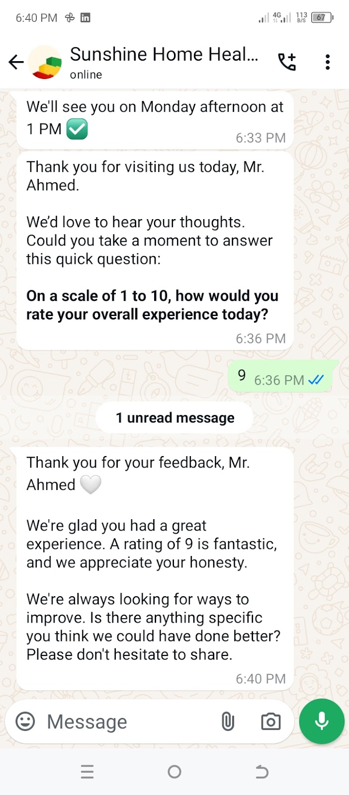 Patient surveys and feedback using WhatsApp.